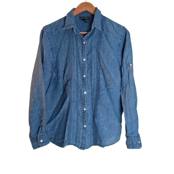 Women's - Lauren Jeans Co. Blue Linen Button Down Shirt, Size Medium - Picture 2 of 6
